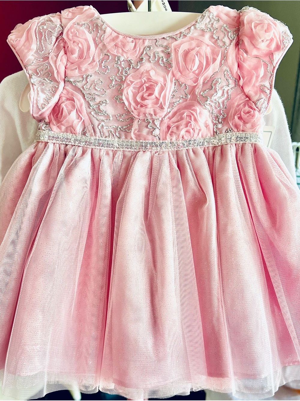 Girls' Pink Rosette Tulle Party Dress with Sparkle Waist
